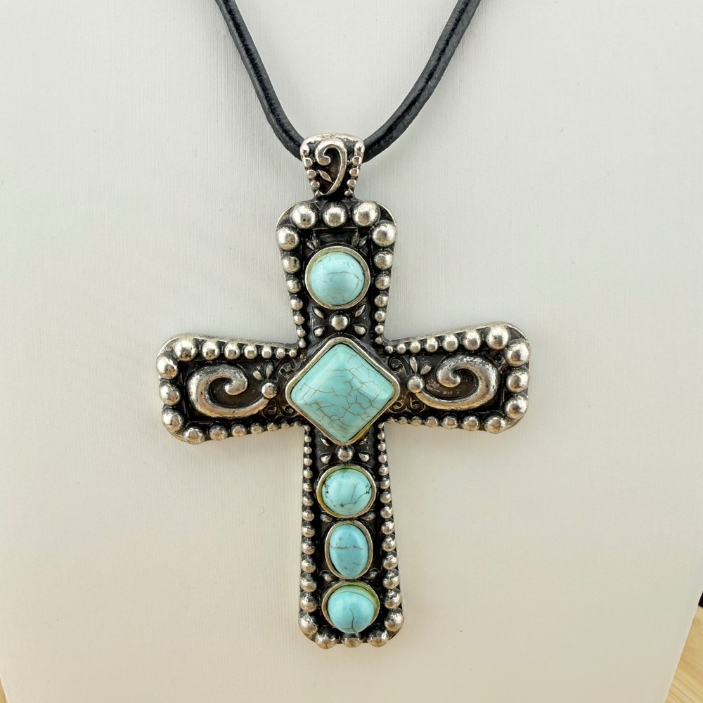 Silver Tone Cross Pendant Faux Turquoise Cord Necklace Boho